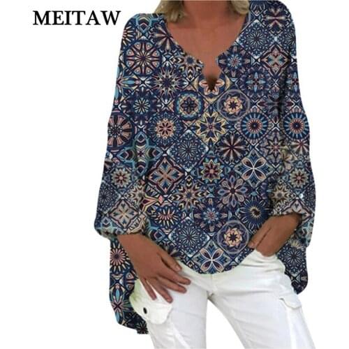 5XL Plus Size Women Spring Cotton Linen Blouse Shirt 2021 Casual Long Sleeve V Neck Print Irregular Tops Vintage Loose Shirts