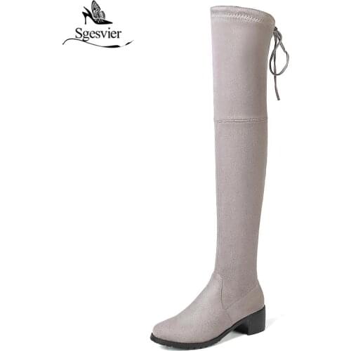 Sgesvier Newest Model Lady Over the Knee Boot Lace Up Stretch Fabric Long Boot Thick High Heel Woman Shoes Winter Big Size OX657