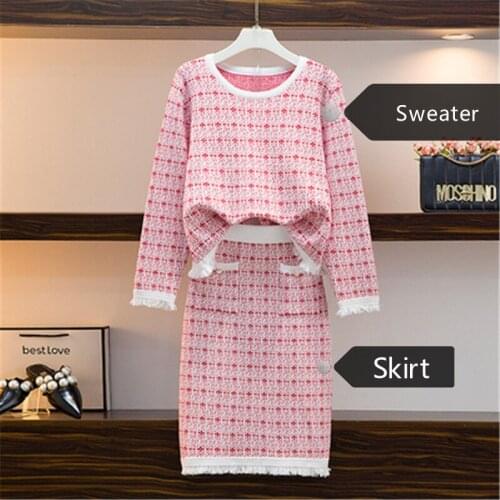 Womens Two Piece Suit Autumn New Elegance Korean Sweet Casual Loose O-neck Sweater+Elastic Knit Skirt Female 2pcs Set 2020