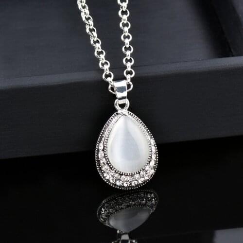 KIOOZOL Vintage Black Silver Color OPAL Teardrop Shape Pendant Micro Inlaid CZ Choker Necklace For Women Fashion Jewelry 024 KO5