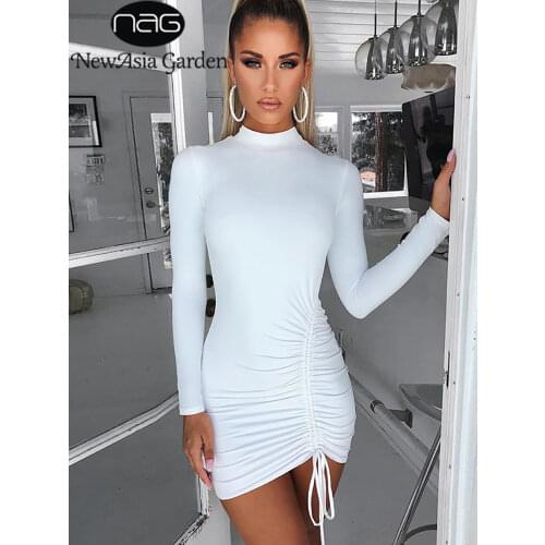 NewAsia Garden Pink Bodycon Dress Women Autumn Turtleneck Long Sleeve Hem Drawstring Pleated Sexy Dress Black Mini Casual Dress