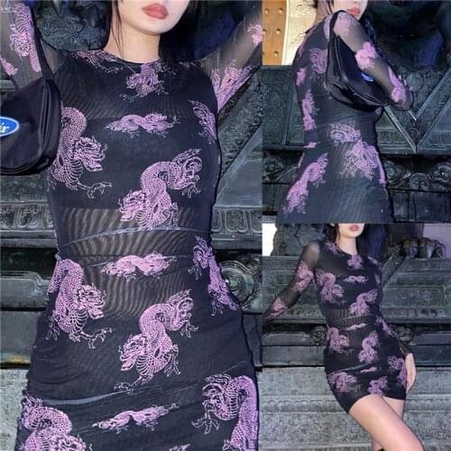 2021 Fashion Women’s Casual Long-sleeved Dress Dragon Printing Perspective High-waist Skinny Mini Skinny Dress Summer Clubwear