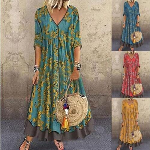 Summer Women Print Dress Boho Dress Fashion Loose Streetwear Elegant Patchwork Ladies Clothing Vintage V-Neck Dresses Vestidos