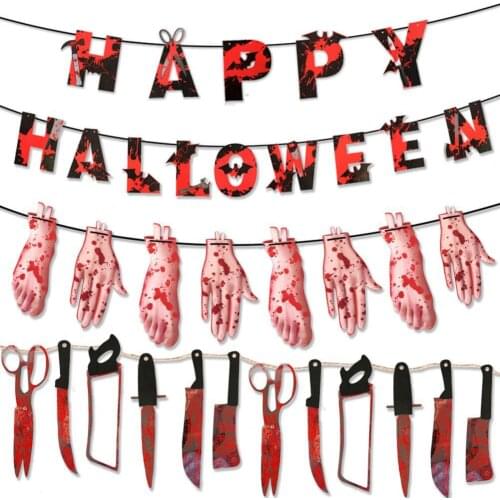 1 Set Bloed Mes Letters Gebroken Hand Papier Pull Bloem Horror Hanging Banner Lightweight Paper Installation Halloween Flag