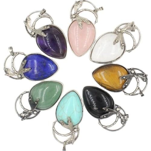 1pc Oval Shaped Pendants Meatl Dragonfly MNecklace Natural Crystal Rose Clear Quartz Amethyst Stone for Women Jewelry Minerals