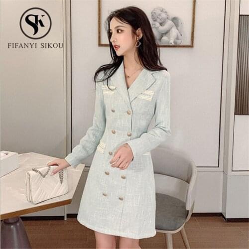 2019 New Autumn Winter Fashion Elegant Suit Dress Women Party Dress Double Breasted Long Sleeve Work Blazer Ladies Slim Dresses