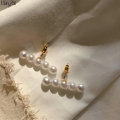 Hangzhi Summer Five Pearl Balance Beam One Line Beads Ball Metal Stud Earrings for Women Girl Party Jewelry