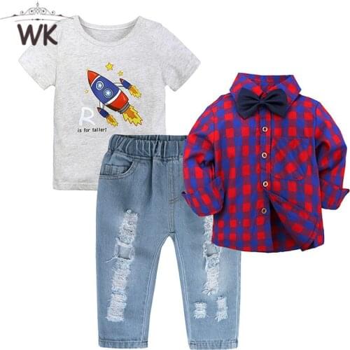 2021 Fashion Boy Clothes Sets Gentleman Suits Long Sleeve Grid Shirt + T-Shirt + Denim Pants Kids Clothing Sets Birthday Outfits