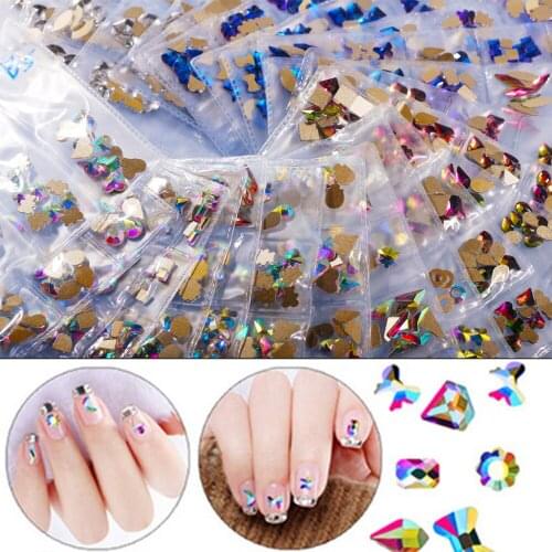 60pcs 3D Nail Art Rhinestones Crystal AB Gems Flatback Stones For Woman Manicure Jewelry Decorations 6 Shapes/Bag