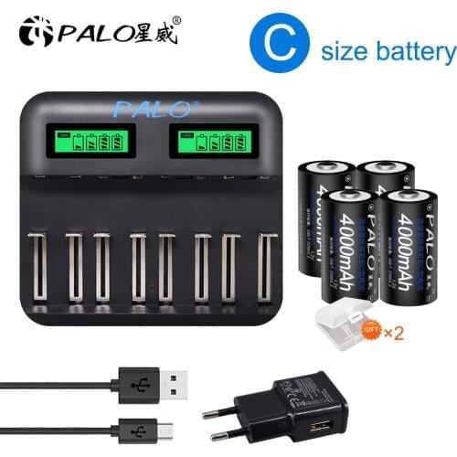 PALO C size rechargeable Battery type C ni-mh 1.2V 4000mAh / USB Smart battery Charger Multiple modes for 1.2V AA AAA C D