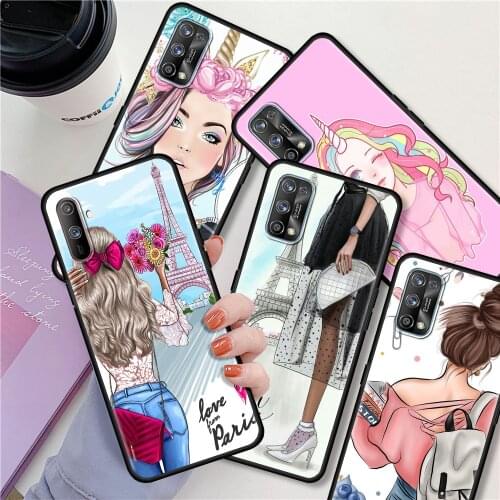 For Realme 6 8 7 Pro C3 C21 XT 5 GT Neo C25 C20 X50 7i C15 C11 Black Soft Phone Case Luxury Back Cover Fashion Unicorn Girl Capa