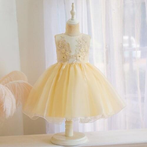 Childrens Party Ball Dress 2021 New Girls Elegant Flower Sleeveless Lace Princess Dresses Sweet Bowknot Wedding Dress 1-5 Years