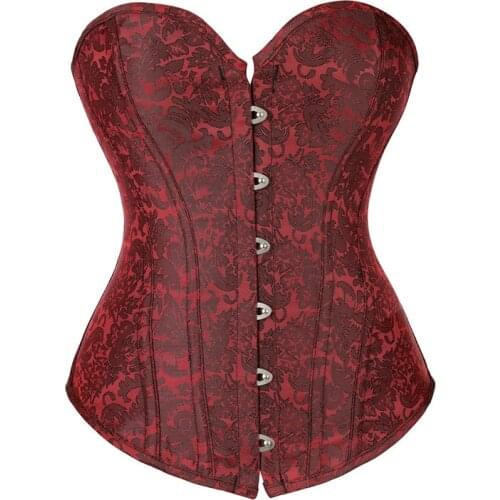 Overbust Corset gaine amincissante femme Fish Boned gaine ventre Jacquard Floral gothic clothes Busk Burgundy korset Corse Tops