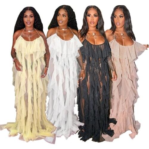 European and American cross-border summer new womens clothing sling polyester mesh ruffled sexy leaky back dress 4-color spot