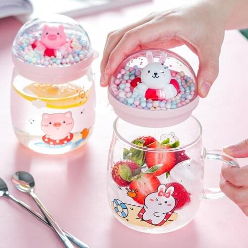 Creative Cartoon Landscape Animal Glass Cute High Borosilicate Spoon With Lid Bottle Portable Leakproof Childrens Cups Drinkwar