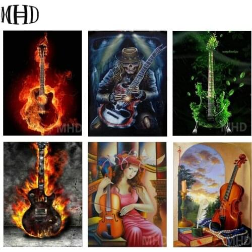 MHD New Full Square / Round Diamond Embroidery Guitar Music Mosaic Decor 3D DIY Diamond Painting Cross Stitch Guitar Skull Fire