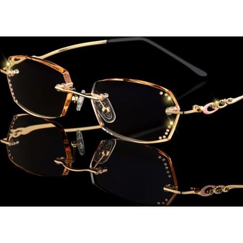 Fashion Rhinestone Reading Glasses magnifier Women Diamond Cutting Rimless Glasses Gold Purple Readers Presbyopic Eye Glasses D5