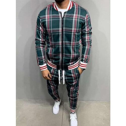 New Fashion 3d Print Grid Two-piece Mens Patchwork Zipper Hooded Coat+trouser Suits High Quality Slim Classic Sportswear 2021