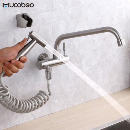 Wall Mounted Kitchen Sink Faucet 304 Stainless Steel Brushed Single Cold Water Tap With Spray Gun
