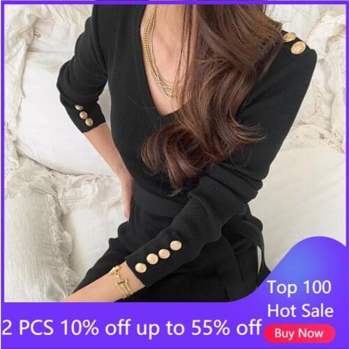 Autumn/winter chic knitted dress for women long v-neck high waist belt female slim clothing 3518