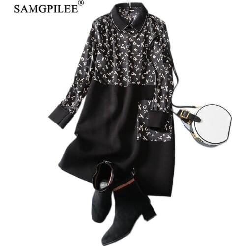 Dress Woman 2020 Office Lady A-line Print Full Sleeve Elegant Dresses Pocket Casual Dress Empire Turn-down Collar Womens Dresses