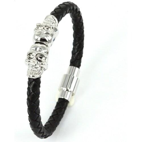 Luxury Fashion Punk Rock Skull Genuine Leather Bracelets Bangles Men Jewelry Gold Color Twin Skulls 4 Colors for Gift