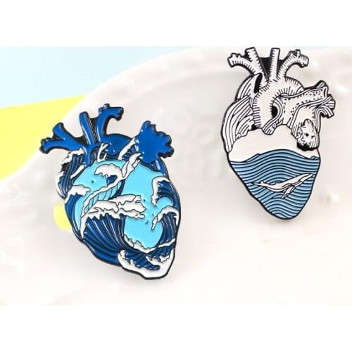 Blue Ocean Wave Whale Anatomical Heart Enamel Pins Brooches Nature Blue Sea Fashion Badges Bag Denim Clothes Jewelry Gifts