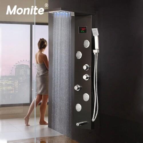Monite Dark Grey Nickel Brush Digital Display Shower Panel Column LED Head Rainfall Shower Spa Jets Bath Shower Mixer Faucet