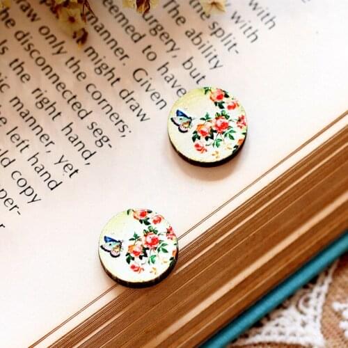 Unique 3D Flower Embossed 16mm Round Coloured Drawing pattern Laser Cut wood Cabochon DIY for Rings, Earring,Brooch,Necklace-331