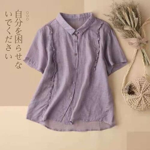 Women Summer Cotton Linen Casual Shirts New 2021 Simple Style Solid Color Loose Comfortable Female Short Sleeve Tops B438