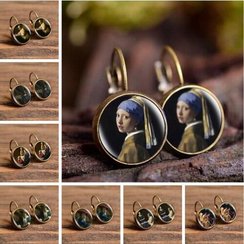 Fashion Bronze Color Punk Style Earrings Vermeer Oil Painting Girl Wearing Pearl Stud Earrings Glass Cabochon Jewelry for Women