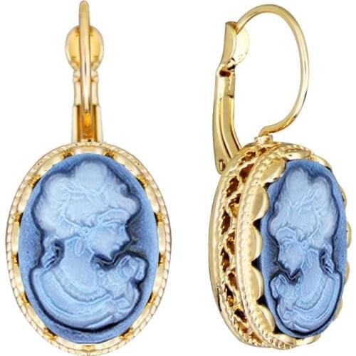 Oval Lady Queen Cameo Earrings For Women Gold Color Pink Purple Blue Fashion Flower Pendant Cameo Earring