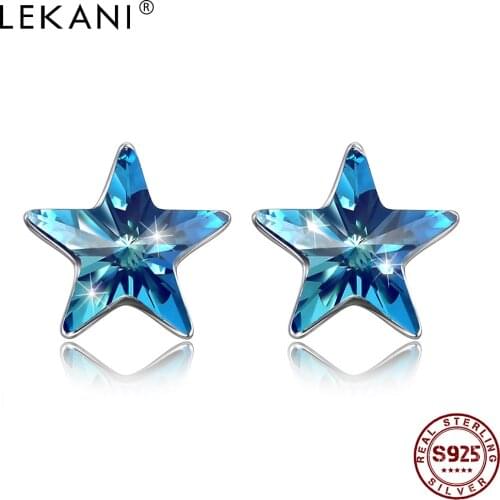 LEKANI 925 Sterling Silver Star Earrings For Women Blue Crystals From Swarovski Stud Earrings Silver 925 Jewelry Small Earing