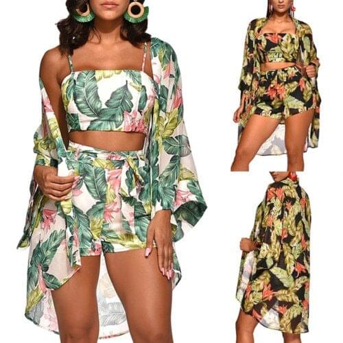 3Pcs Women Floral Top Shorts Cardigan Long Sleeve Jumpsuit Vest Trousers Romper Playsuit Belt Bottoms Strap Cover Up Cloak Sets