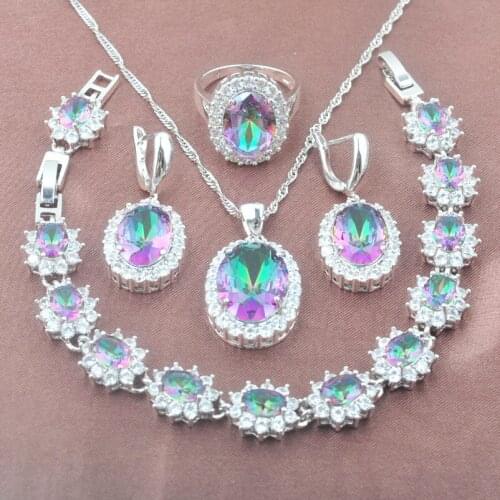 2021 New Womens Crystal Bracelet Jewelry Sets Multicolor Rainbow Zirconia Necklace Pendant Earrings Ring YZ0576