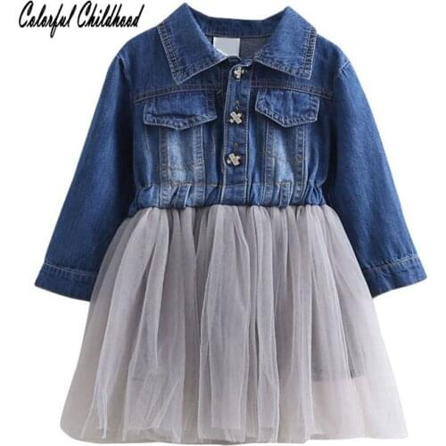 Long Sleeve Winter Dress For Girls Turn-down Collar Spring Autumn Toddler Girl Patchwork Denim Tutu Dress robe princesse 0-8t