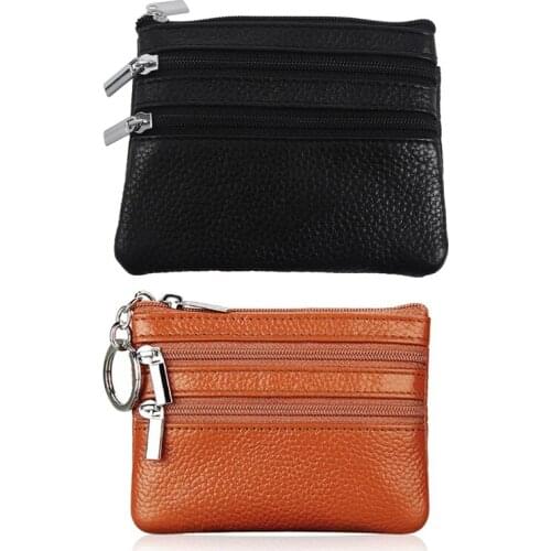 2x Leather Change Coin Purse with 4 Pockets and Keychain for Women Black & Brown