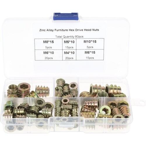 80pcs M4/M5/M6/M8/M10 Zinc Alloy Screw-In Type Hex Drive Threaded Furniture Insert Nuts Set