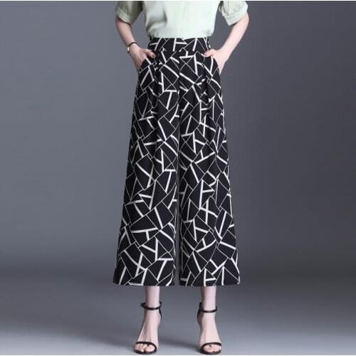 Elastic High Waist Plus Size Geometric Print Wide Leg Pants Women 2021 Summer Elegant Vintage Loose Casual Straight Trouser 9672