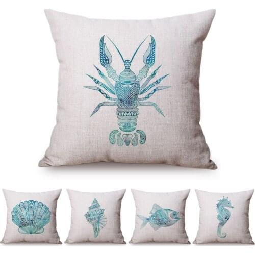 Blue Ocean Animal Sea Turtle Conch Watercolor Decorative Sofa Throw Pillow Cover Lobster Sea Horse Shell Pattern Cushion Cover