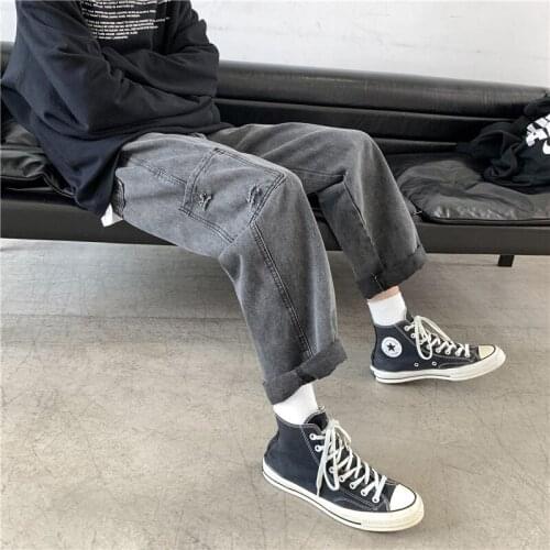 Mens solid color casual jeans Korean fashion loose Harajuku streetwear big pocket straight leg pants wide leg pants cargo pants
