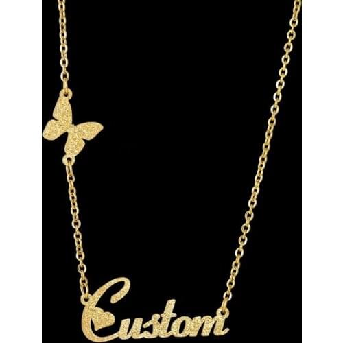 Custom Frosted Butterfly Name Plate Necklace Personalized Nameplate Gold Plated Stainless Steel Bling Women Jewelry Necklaces