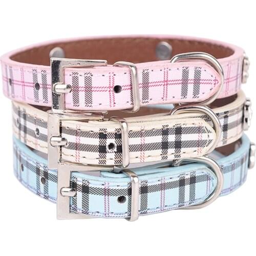 Rhinestone Dog Collars Plaid Leather Collar Shiny Bone Adjustable For Small Medium Dogs Cats