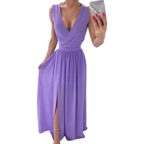 Summer Formal Dresses Solid Color V Neck Elegant Split Large Hem Plus Size Long Dress Women Wedding