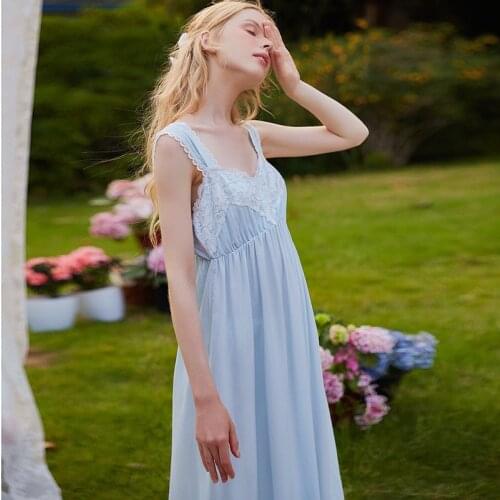 Wasteheart Summer Women Homewear Blue Sexy Sleepwear Nightdress Lace Nightwear Luxury Nightgown Court Homewear Court Gown Dress