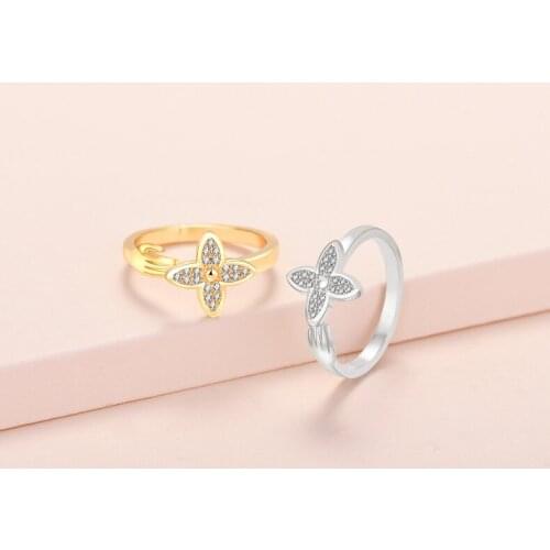 Lyvior Hug Happiness Charm Four Leaf Gold-Plated Clover Cubic Zirconia Adjustable Open Faith Ring Birthday Jewelry Gift Women