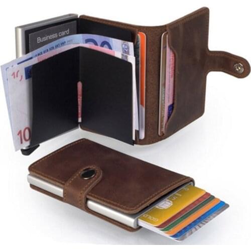 Anti Rfid Slide Credit Card Holder Genuine Leather Men Smart Minimalist Wallet Aluminum Metal Cardholder Bag card box