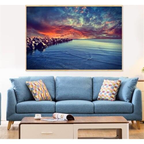 Beach Home Decor Wall Art Pictures Sunset Landscape Bay Waterfront Nature Canvas Painting Large Size Posters and Prints Cuadros