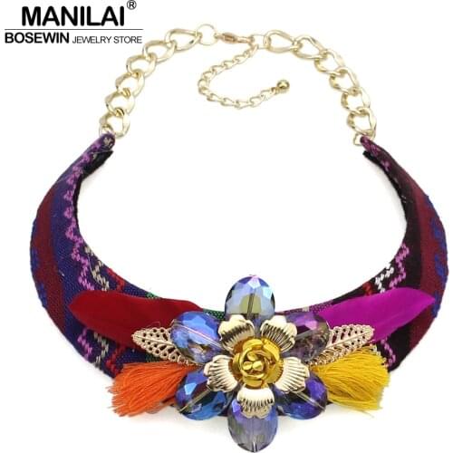 MANILAI Boho Crystal Beads Flower Statement Chokers Necklaces For Women Ethnic Jewelry Fashion Collar Maxi Necklace Vintage