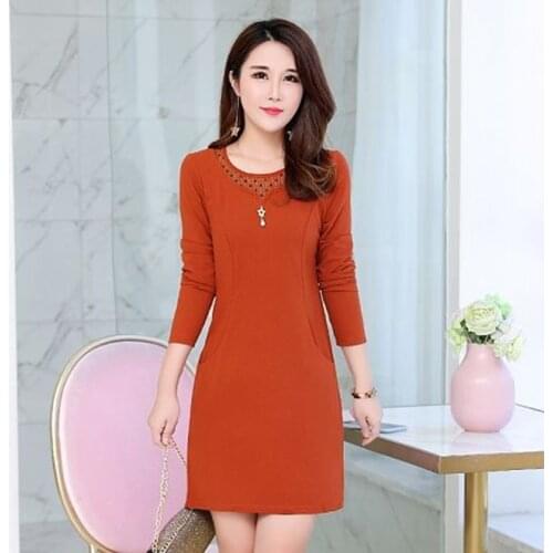 Women office lady spring autumn new hollowed o-neck one piece dress female OL mother long sleeves slim long shirt pullover tops